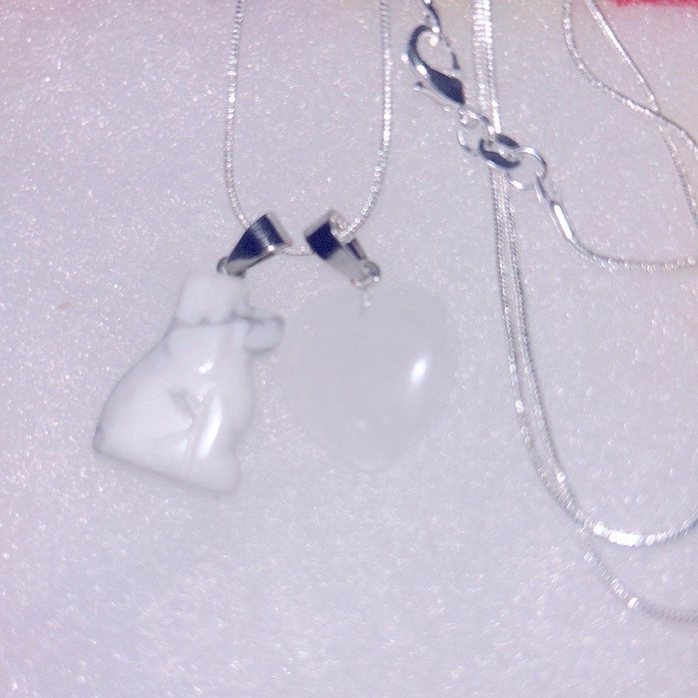 Boho Hippie Howlite love heart Dog and Quartz Heart Sterling Silver Necklace 30”